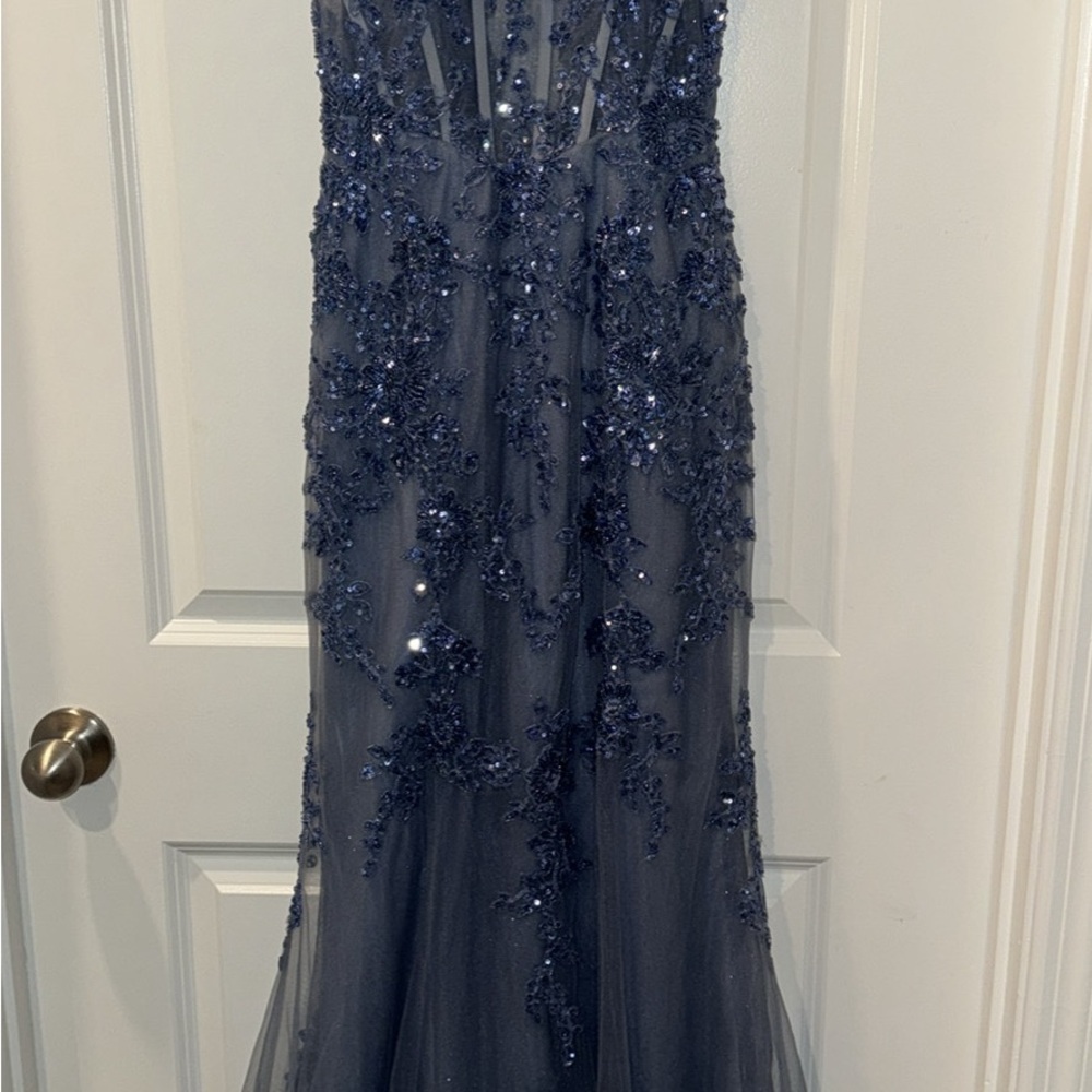 Navy Beaded Lace Formal Gown – Sheer Bodice – Tulle Mermaid